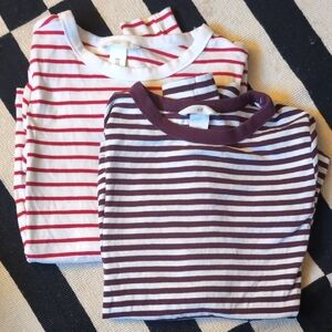 H&M Striped Long-Sleeve Tees in White & Burgundy-Red